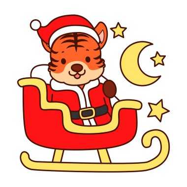 Çocuklar için kaplan karakteri klipsleme sanatının Noel teması. Noel Baba trene biniyor.