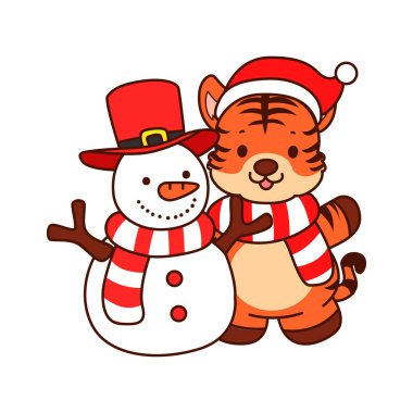 Çocuklar için kaplan karakteri klipsleme sanatının Noel teması. Kardan adamla Noel Baba kaplanı