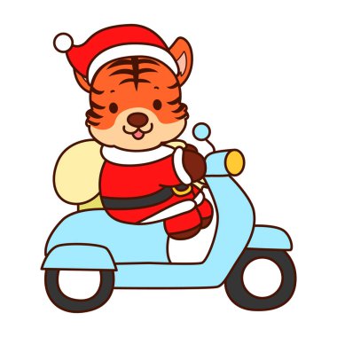 Çocuklar için kaplan karakteri klipsleme sanatının Noel teması. Scooter 'lı Noel Baba kaplanı