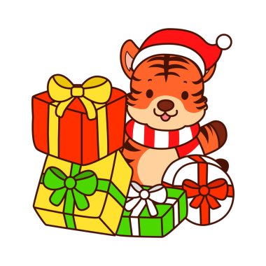 Çocuklar için kaplan karakteri klipsleme sanatının Noel teması. Bir sürü hediye kutusu olan Noel Baba kaplanı.