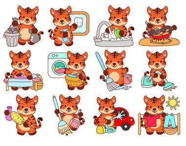 Çocuklar için kaplan karakteri klip sanatı resimleri. Gündelik ev işleri ve temizlik işlerinde kaplan