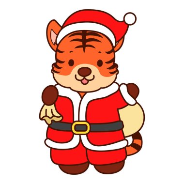 Çocuklar için kaplan karakteri klipsleme sanatının Noel teması. Bir sürü yeteneği olan Noel Baba kaplanı.