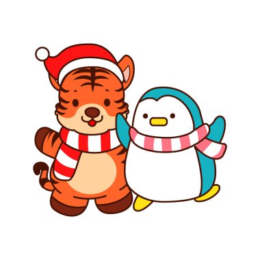 Çocuklar için kaplan karakteri klipsleme sanatının Noel teması. Penguenle Noel Baba kaplanı