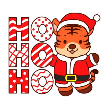 Çocuklar için kaplan karakteri klipsleme sanatının Noel teması. Noel Baba kaplanı ho ho metin