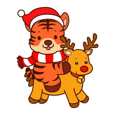 Çocuklar için kaplan karakteri klipsleme sanatının Noel teması. Noel Baba kaplan ren geyiğine biniyor