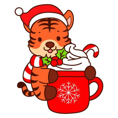 Çocuklar için kaplan karakteri klipsleme sanatının Noel teması. Noel Baba sıcak çikolata getir.