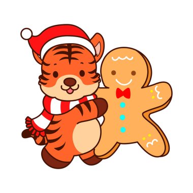 Çocuklar için kaplan karakteri klipsleme sanatının Noel teması. Noel Baba, zencefilli ekmek getir.