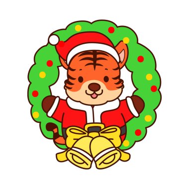 Çocuklar için kaplan karakteri klipsleme sanatının Noel teması. Kapı dekorasyonunun ortasında Noel Baba kaplanı