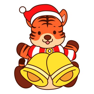 Çocuklar için kaplan karakteri klipsleme sanatının Noel teması. Noel Baba iki çan getir.