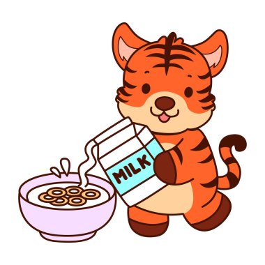 Çocuklar için kaplan karakteri klip sanatı resimleri. Kaplan mısır gevreği kasesine süt döküyor.