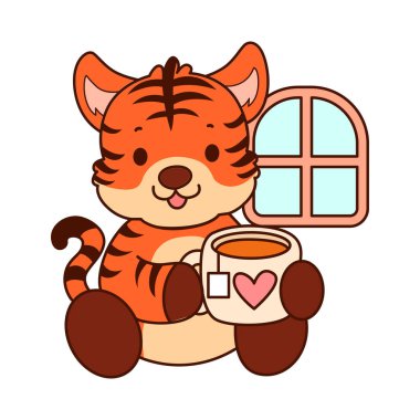 Çocuklar için kaplan karakteri klip sanatı resimleri. Kaplan sıcak çayın keyfini çıkar.