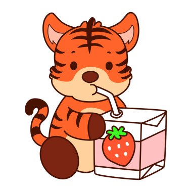 Çocuklar için kaplan karakteri klip sanatı resimleri. Kaplan çilekli süt içiyor.