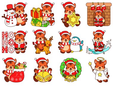 Çocuklar için kaplan karakteri klipsleme sanatının Noel teması. Noel Baba kaplanından Mutlu Noeller