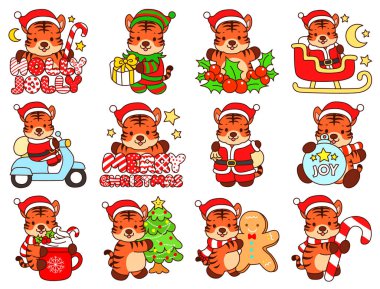 Çocuklar için kaplan karakteri klipsleme sanatının Noel teması. Noel Baba 'nın Noel duası varyasyonunda