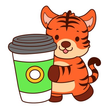 Çocuklar için kaplan karakteri klip sanatı resimleri. Kaplan bir fincan kahve getir.