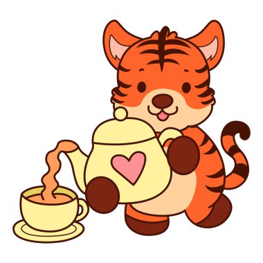 Çocuklar için kaplan karakteri klip sanatı resimleri. Kaplan çaydanlıktan çay dolduruyor.