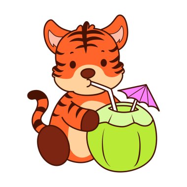 Çocuklar için kaplan karakteri klip sanatı resimleri. Kaplan hindistan cevizi içiyor.