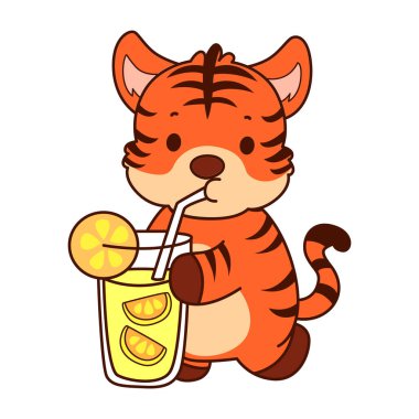 Çocuklar için kaplan karakteri klip sanatı resimleri. Kaplan portakal suyu içiyor.