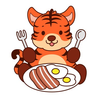 Çocuklar için kaplan karakteri klip sanatı resimleri. Kaplan pastırma ve yumurta yemek istiyor.