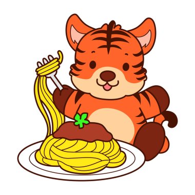 Çocuklar için kaplan karakteri klip sanatı resimleri. Kaplan spagetti yemek istiyor.