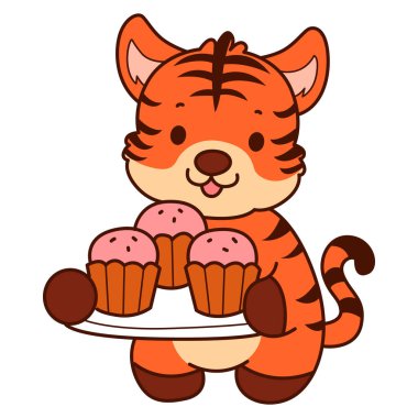 Çocuklar için kaplan karakteri klip sanatı resimleri. Kaplan, üç top kek getir.