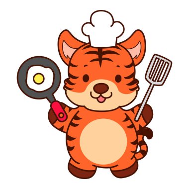 Çocuklar için kaplan karakteri klip sanatı resimleri. Kaplan yumurta pişirmek istiyor.