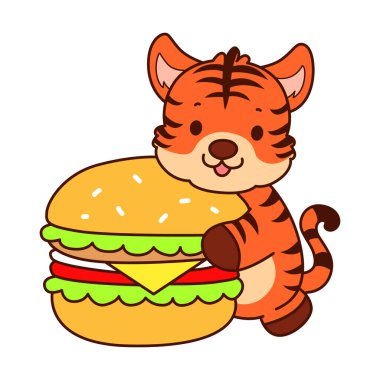 Çocuklar için kaplan karakteri klip sanatı resimleri. Kaplan, hamburger getir.