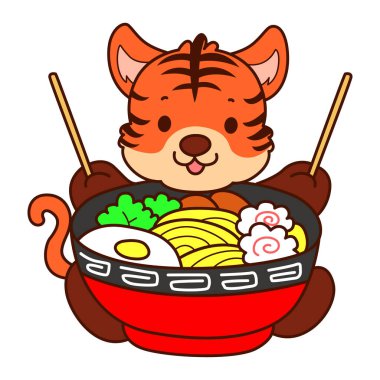 Çocuklar için kaplan karakteri klip sanatı resimleri. Kaplan ramen yemek istiyor.