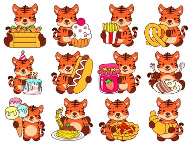 Çocuklar için kaplan karakteri klip sanatı resimleri. Tiger 'ın abur cubur ve abur cubur zamanı.