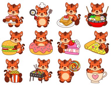 Çocuklar için kaplan karakteri klip sanatı resimleri. Fast food ve tatlı çeşitlerindeki kaplan.