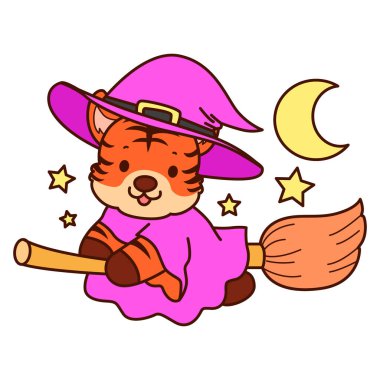 Çocuklar için kaplan karakteri klip sanatı resimleri. Kaplan cadı kostümüyle uçuyor.