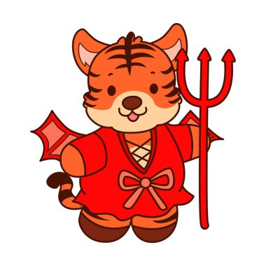 Çocuklar için kaplan karakteri klip sanatı resimleri. Kırmızı şeytan kostümlü kaplan.