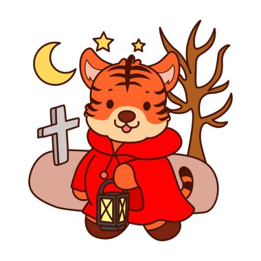 Çocuklar için kaplan karakteri klip sanatı resimleri. Kırmızı kapüşonlu kaplan mezarda yürüyor.