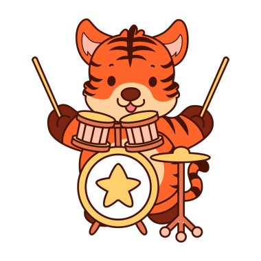 Çocuklar için kaplan karakteri klip sanatı resimleri. Tiger bandoda davul çalıyor.
