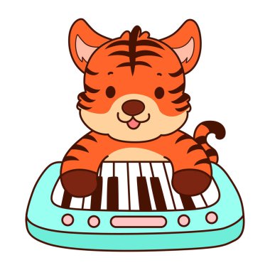 Çocuklar için kaplan karakteri klip sanatı resimleri. Kaplan piyano çalıyor.