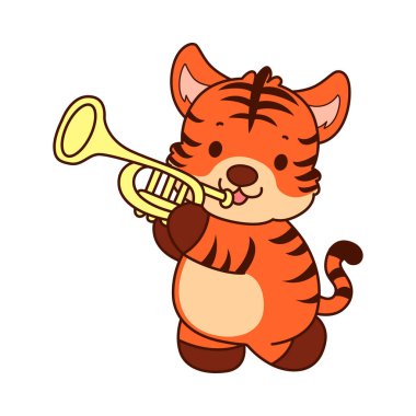 Çocuklar için kaplan karakteri klip sanatı resimleri. Kaplan trompet çalıyor.