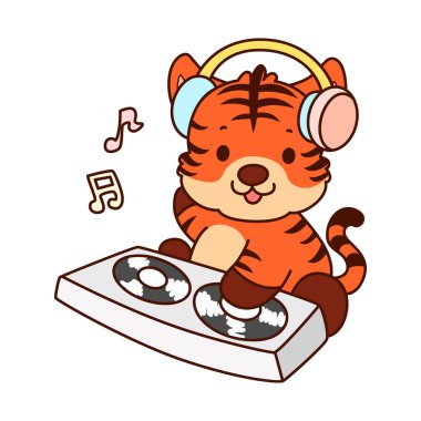 Çocuklar için kaplan karakteri klip sanatı resimleri. Kaplan kulüpte disk çalıyor.