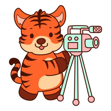 Çocuklar için kaplan karakteri klip sanatı resimleri. Kaplan kamerayla içerik oluşturuyor