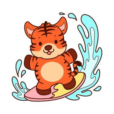 Çocuklar için kaplan karakteri klip sanatı resimleri. Kaplan sörf yapıyor.