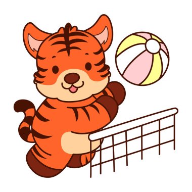 Çocuklar için kaplan karakteri klip sanatı resimleri. Kaplan voleybol oynuyor.