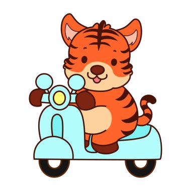 Çocuklar için kaplan karakteri klip sanatı resimleri. Kaplan scooter kullanıyor.