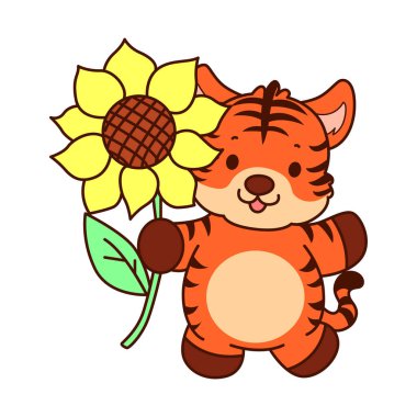 Çocuklar için kaplan karakteri klip sanatı resimleri. Kaplan bir güneş çiçeği getir.