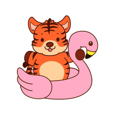 Çocuklar için kaplan karakteri klip sanatı resimleri. Flamingo lastiğine kaplan sıkışmış.