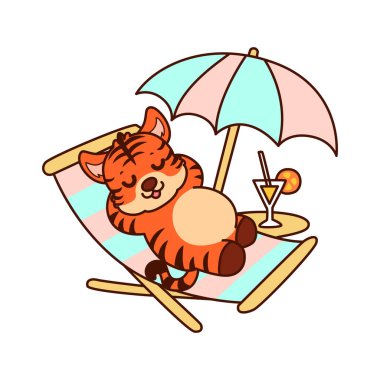 Çocuklar için kaplan karakteri klip sanatı resimleri. Kaplan kumsalda yatıyor.