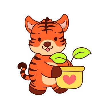 Çocuklar için kaplan karakteri klip sanatı resimleri. Kaplan tencereye yaprak getir.