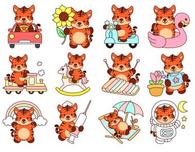 Çocuklar için kaplan karakteri klip sanatı resimleri. Ulaşım çeşitliliğindeki kaplan