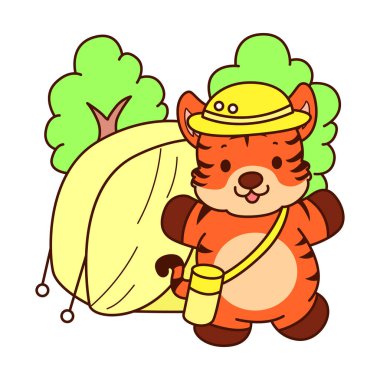 Çocuklar için kaplan karakteri klip sanatı resimleri. Kaplan kampta.