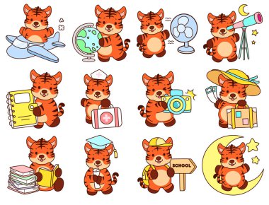 Çocuklar için kaplan karakteri klip sanatı resimleri. Kaplan akıllı ve eğitimli.