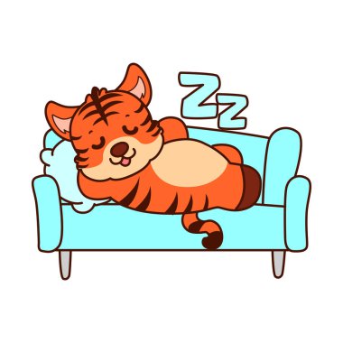 Çocuklar için kaplan karakteri klip sanatı resimleri. Kaplan kanepede yatıyor.