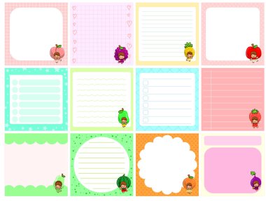 Şablon ve pastel renkli şirin yapış yapış planlayıcılar. Kız karakterinde meyve kostümü